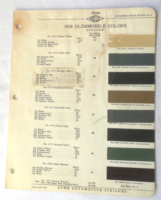 1938 OLDSMOBILE ACME COLOR PAINT CHIP CHART ALL MODELS ORIGINAL