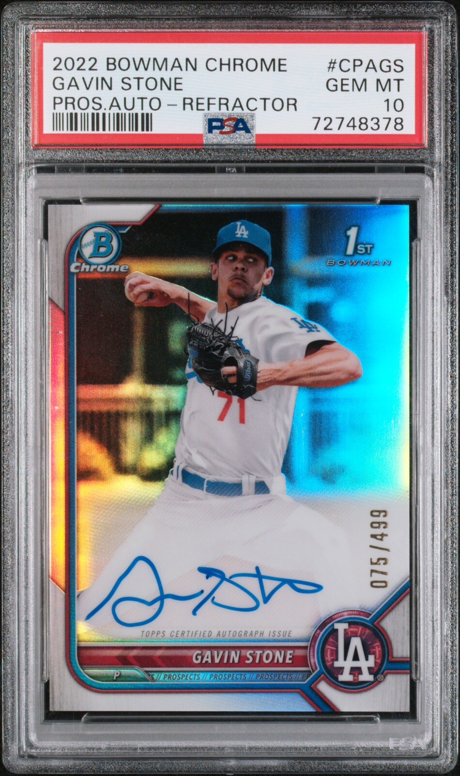 2022 BOWMAN CHROME GAVIN STONE 1ST PSA GEM MT 10  REFRACTOR AUTO /499 DODGERS