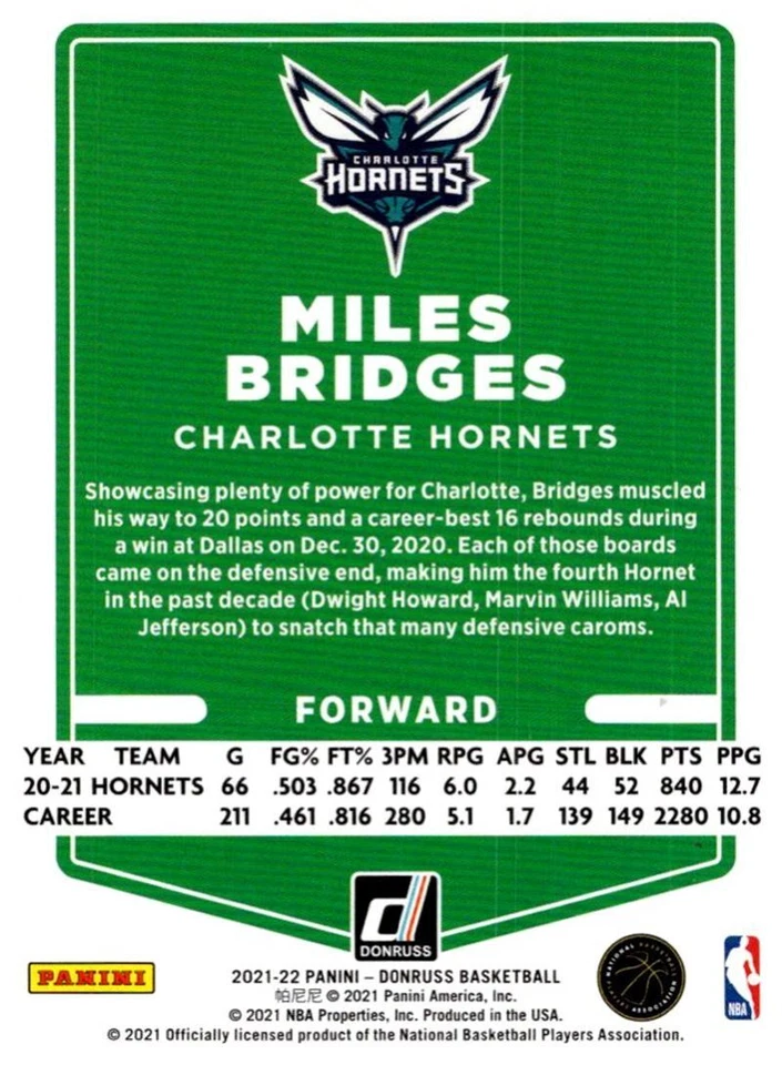2021-22 Donruss Miles Bridges Charlotte Hornets #107 - Image 2 of 2