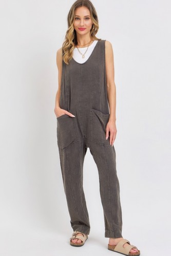 Women's 1 PC Casual Cotton Sleevless Mineral Washed Summer Short Romper Jumpsuit - 第 2/16 張圖片