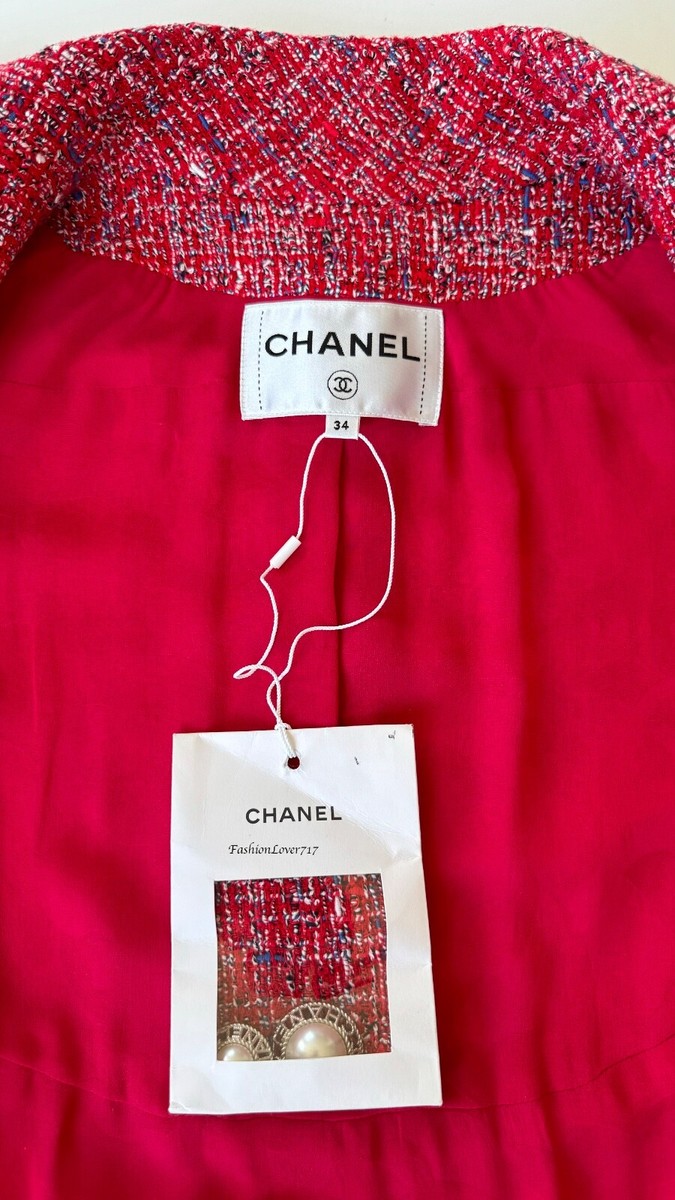 NEW CHANEL 19P RED NAVY BLUE WHITE TWEED PEARL CC BUTTONS JACKET