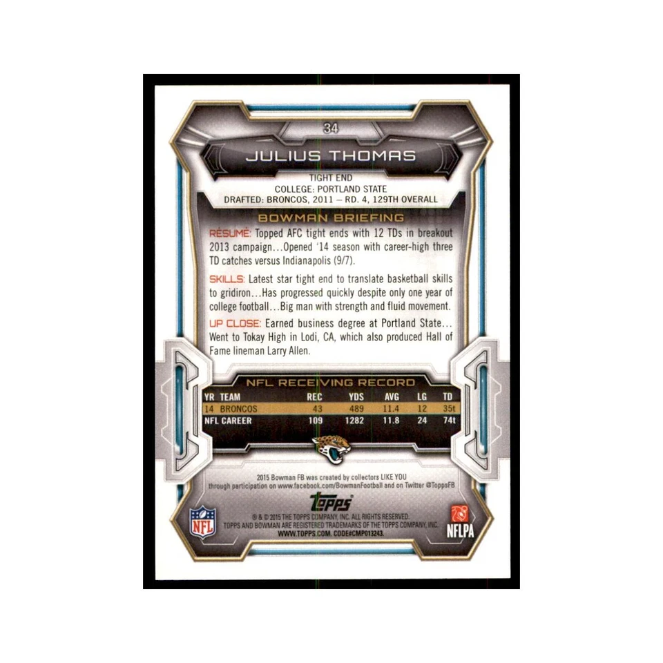 2015 Bowman Julius Thomas Football Cards #34 - Image 2 of 3