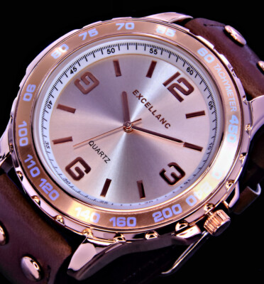 XL 50 mm Excellanc Herren Armband Uhr Braun Rose Gold Farben mit