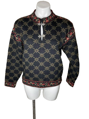 Icelandic Design Women Medium Sweater Black Nordic Fair Isle Frog Clasp Jumper