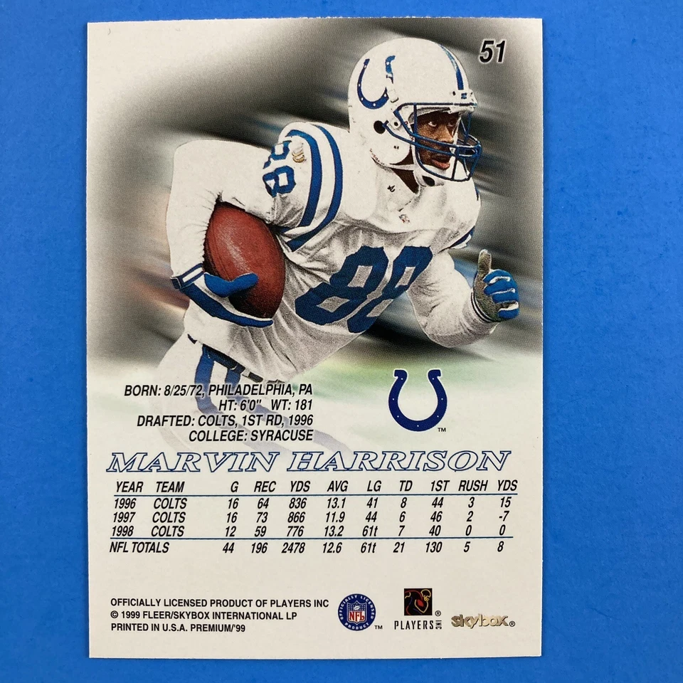 Marvin Harrison 1999 Skybox Premium Card #51 Indianapolis Colts - Image 2 of 2