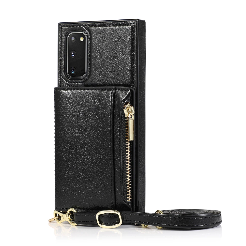 Phone Case PU Leather Credit Bank Card Holder Back Cover Shoulder Strap Cord