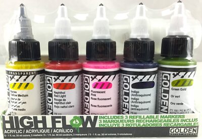 Golden High Flow Fluid Acryl Paint Marker Set 5 x 30 ml mit 3 nachfüllbaren Stiften