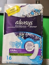 Always Discreet Moderate Incontinence 16 Long Pads Zero Leak/Odor Protection