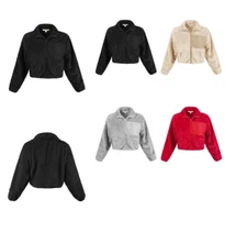 A2Y Women's Cute Sherpa Fuzzy Two Zipper Pockets Front Details Crop Jackets