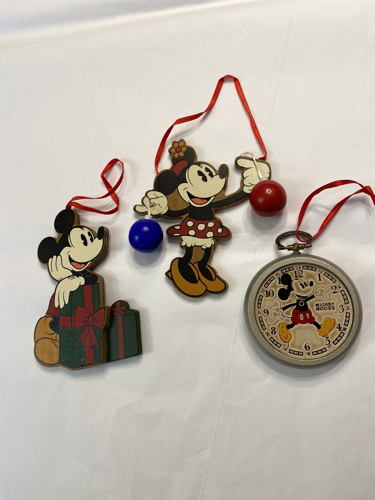 Vintage Disney Ornaments Lot Of 3 Mickey & Minnie Mouse Wood Christmas