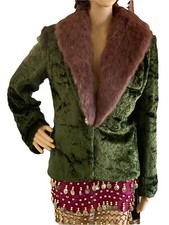 Woman’s Green Button Jacket Velvet Rabbit Fur Whimsical Size 8 By Wdny