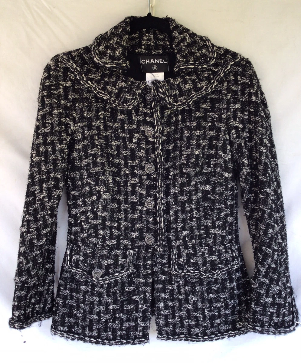 Genuine CHANEL Black And White Double Collar Tweed Jacket Size 40