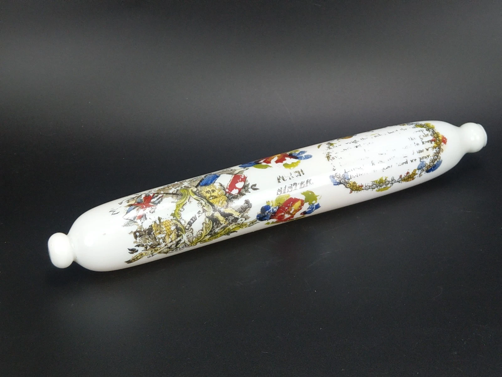 Antique milk glass rolling pin with print May They Ever Be United Crimea War