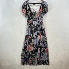 Fashion Nova Dress Women XL Black Blue Floral Chiffon Midi Country Cottage Fairy