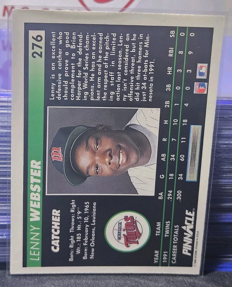 1992 Pinnacle Lenny Webster Rookie Prospect ⚾️⚾️⚾️ Minnesota Twins  - Image 2 of 2