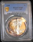 1998 $1 Silver Eagle PCGS MS68 Obverse & Reverse Toned/Toning Gold Shield Label