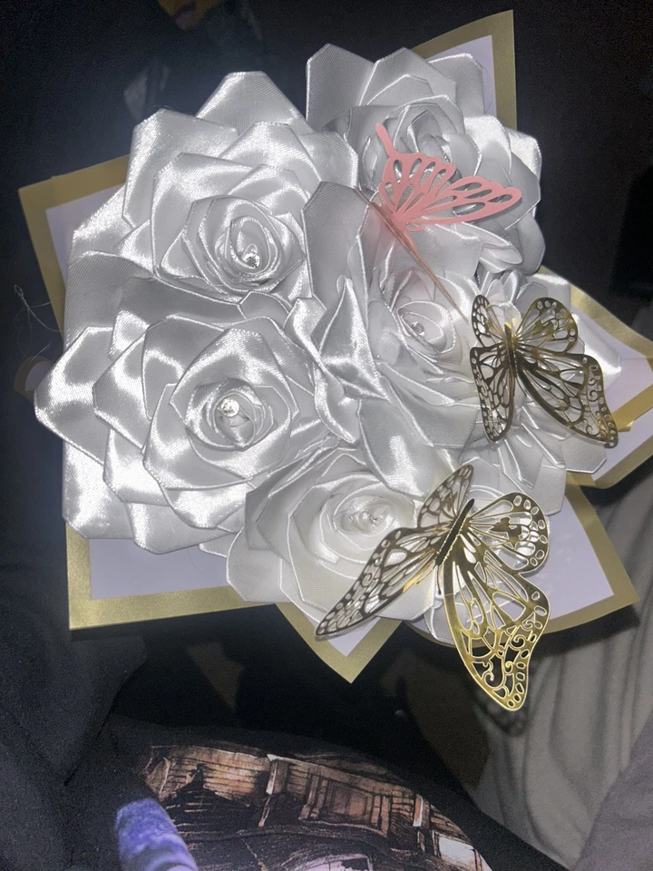 Homemade 7 Ribbon Rose Flower Bouquet In White With Pink And Golden Butterfly’s - Image 4 of 4