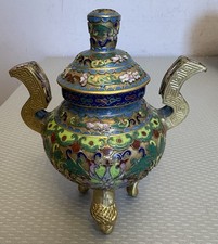 Vintage Chinese Enamel Cloisonné Incense Burner Censor Brass Foo Dog Feet 6"