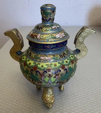 Vintage Chinese Enamel Cloisonné Incense Burner Censor Brass Foo Dog Feet 6"