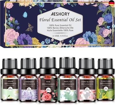 AESHORY Blumen Ätherische Öle Set 6 x 10ML, 100% Naturrein Blumige Essential O