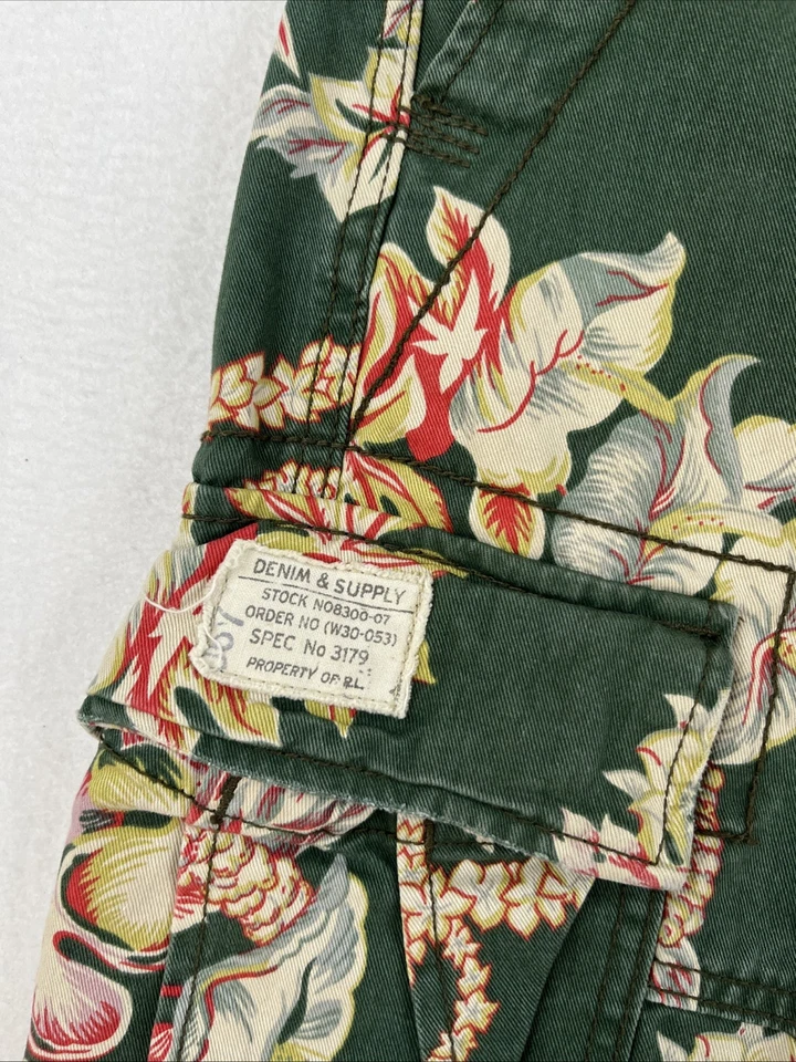 VTG Denim & Supply Ralph Lauren Cargo Shorts Mens Size 30 Green Floral Hawaiian - Image 3 of 4