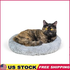 Self Warming Faux Fur Cat Bed Calming Comfort Round Donut Pet Bed Cozy Support
