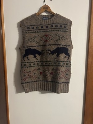 Vintage Lands End Shetland Wool Horse Sweater Vest Mens S Fair Isle Equestrian