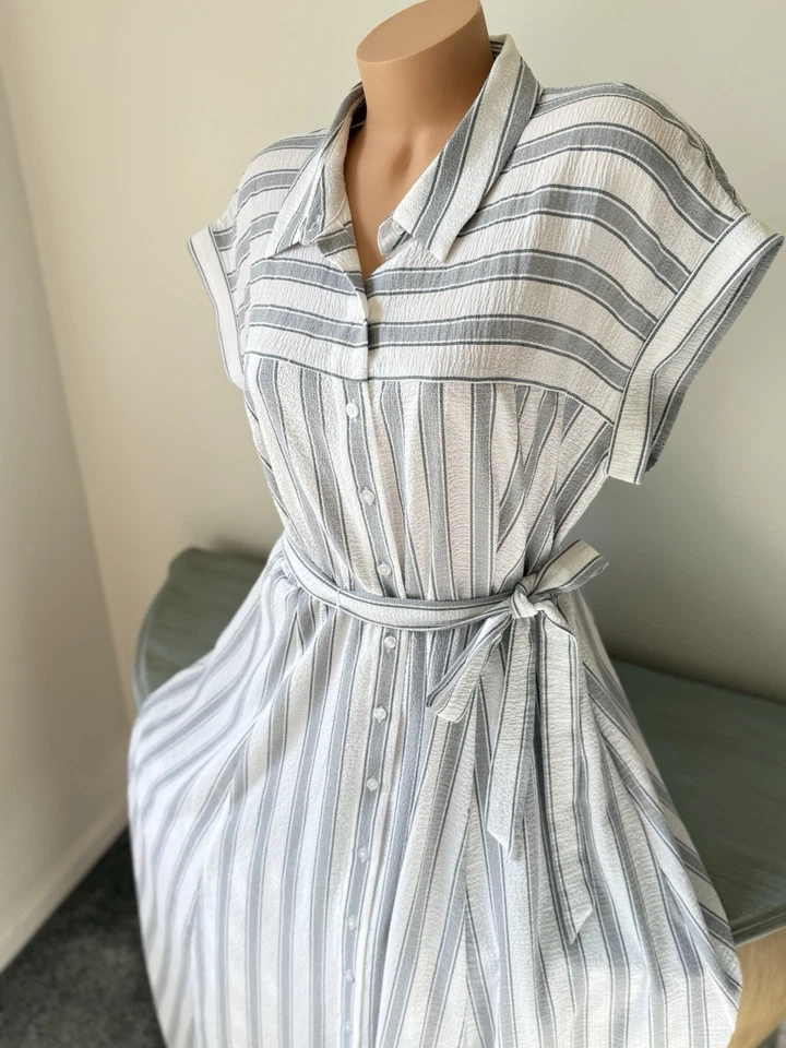 Maxi Vestido Camisa Calvin Klein XL 16 Cintura Rayas Crepé Texturizado Manga Corta Foto 4 de 4