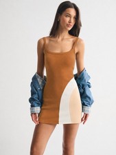 Cider Bodycon Mini Dress Multi-tone Curved Color-block Orange and Cream Size M