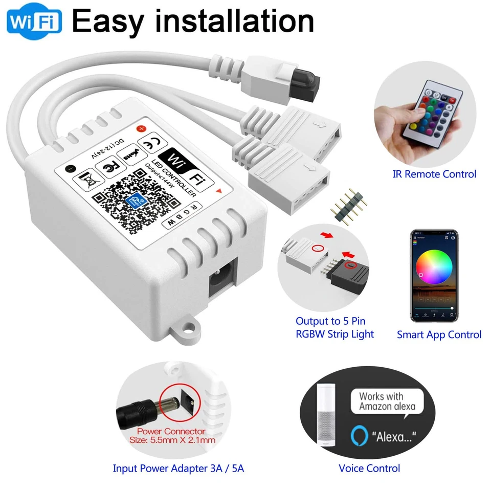 Smart WiFi RGBW LED Controller 2-Output 5 Pin with 24-Key Remote,Compatible w... - Image 3 of 4