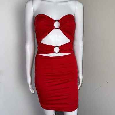 Micas Red Mini Dress Cutout Bodycon Strapless Ring Detail Party Club Size S