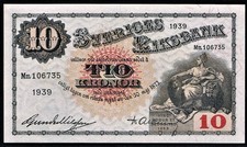 SWEDEN - 10 KRONOR 1939 UNC P 34j