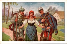 WWI Arthur Thiele Soldiers and Maiden Comic Postcard Die Verbündeten Rivalen