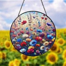 Wildflowers Window Stained Glass Suncatcher, Botanical Window Hanging Decor
