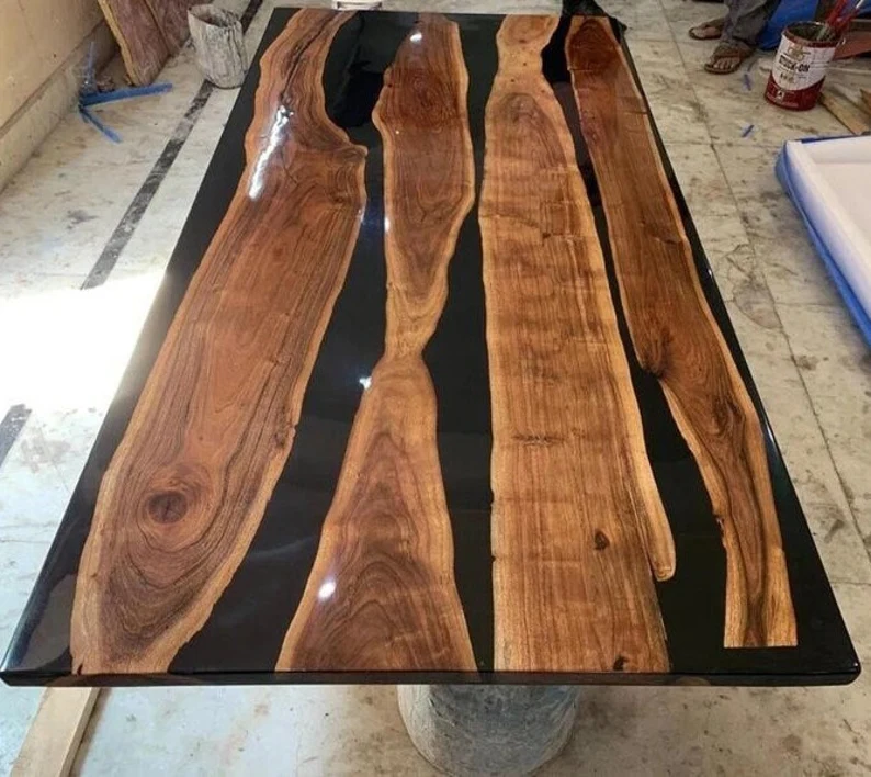 Black Epoxy Resin Live Edge Table Top, Epoxy Handmade Furniture Christmas Gift