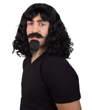 Peluca moscatera color negro hasta los hombros con bigote y perilla para hombre HM-1404