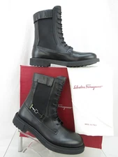 FERRAGAMO IGLESIAS BLACK LEATHER GANCINI LOGO PULL CHELSEA COMBAT BOOTS 10 D