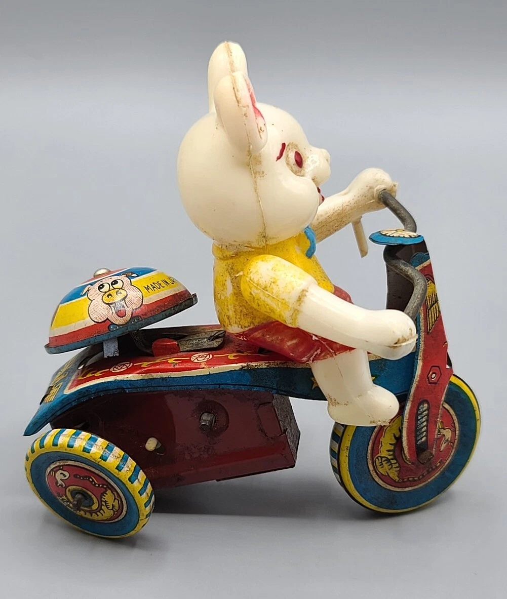 VINTAGE Tin Litho Wind up Bunny Rabbit On Tricycle Made in JAPAN