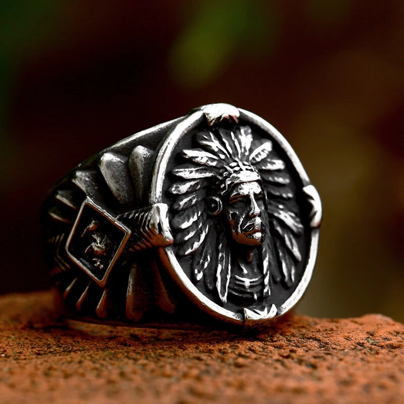 Anillo jefe líder tribal indio vintage anillo pluma cacique de acero inoxidable Foto 2 de 4
