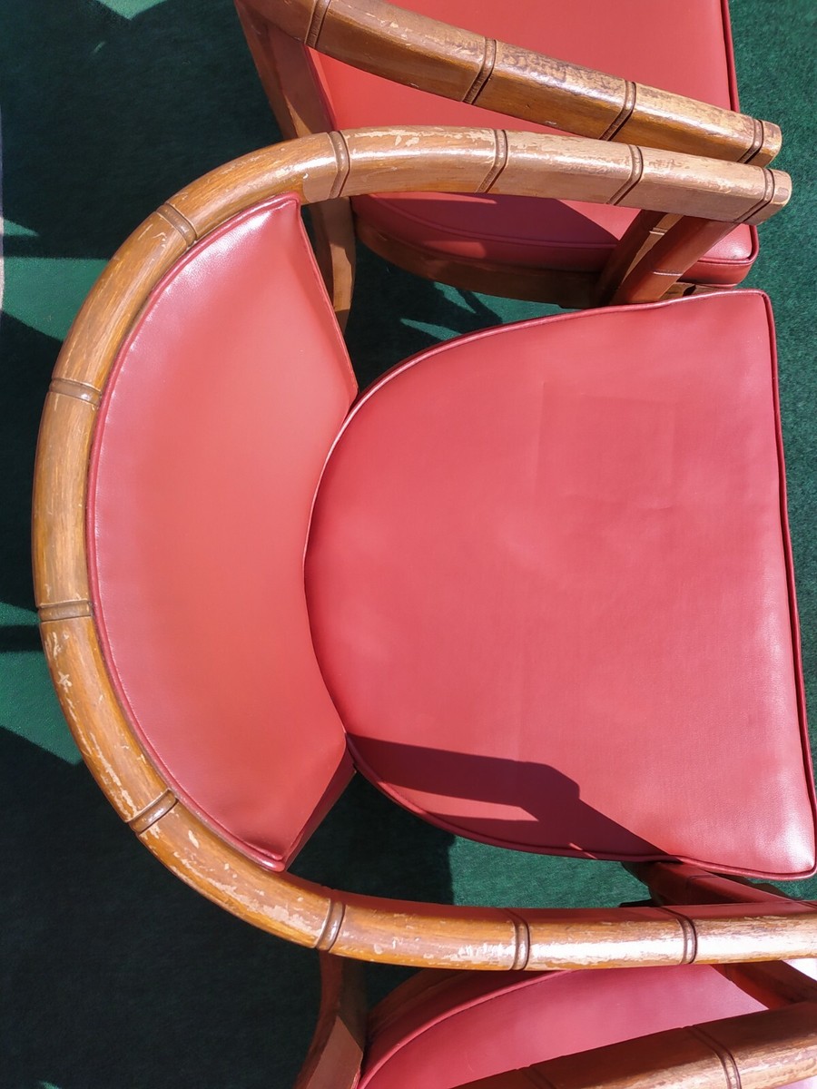 MCM Shelby Williams Red Vinyl Upholstered Arm Chairs Bamboo Look