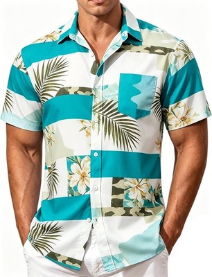 Men's Hawaiian Shirt Tops Vintage Short Sleeve Button Down Beach Shirt Male Trop