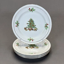 Tienshan Holiday Hostess Salad Plates 8 1/4" Set of 4 Christmas Tree Holly