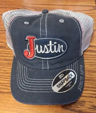 Justin Snapback Trucker Hat Ball Cap Navy Mesh Back Embroidered NEW