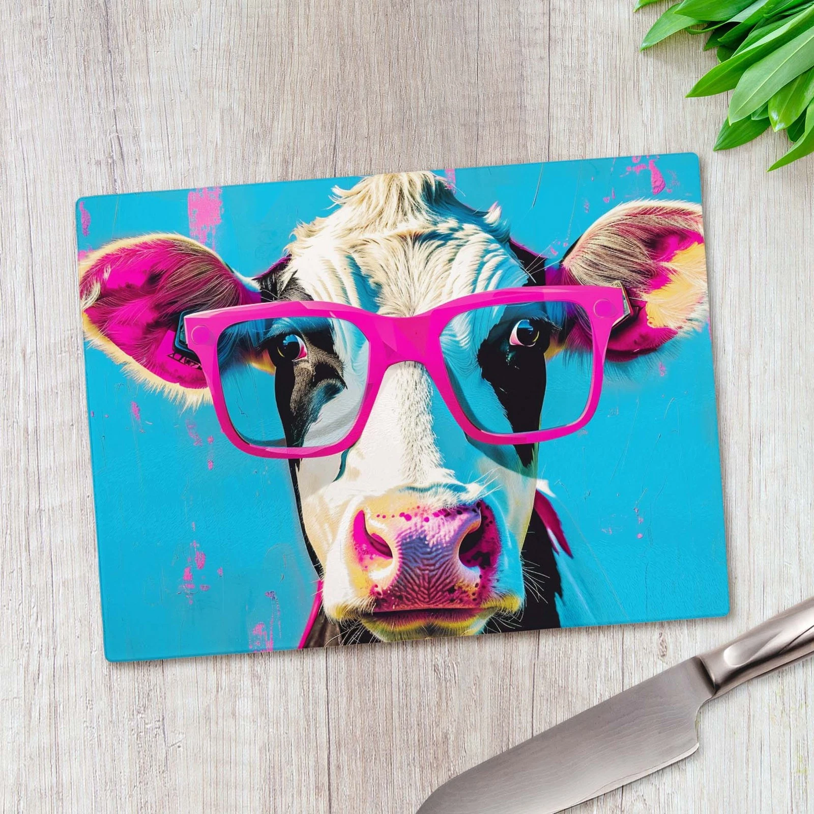Goofy Cow Pink Glasses Glass Chopping Board Large Kitchen Worktop Saver