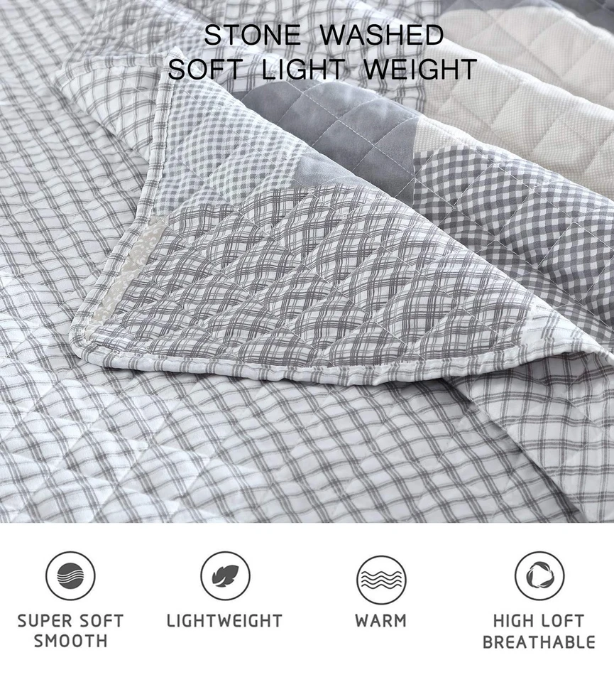 3-Piece Printed Patchwork Quilt Set - Plaid Checkered Stripe Coverlet - Pre-W... - Image 4 of 4