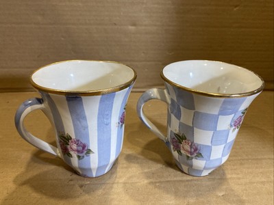 MacKenzie Childs Honeymoon Blue Checked Pink Rose Mugs - Ceramic 12 Oz Retired
