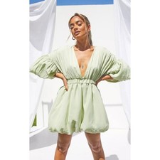 Pretty Little Thing Pistachio Puff Sleeve Puffball Hem Shift Dress US 6 Mini