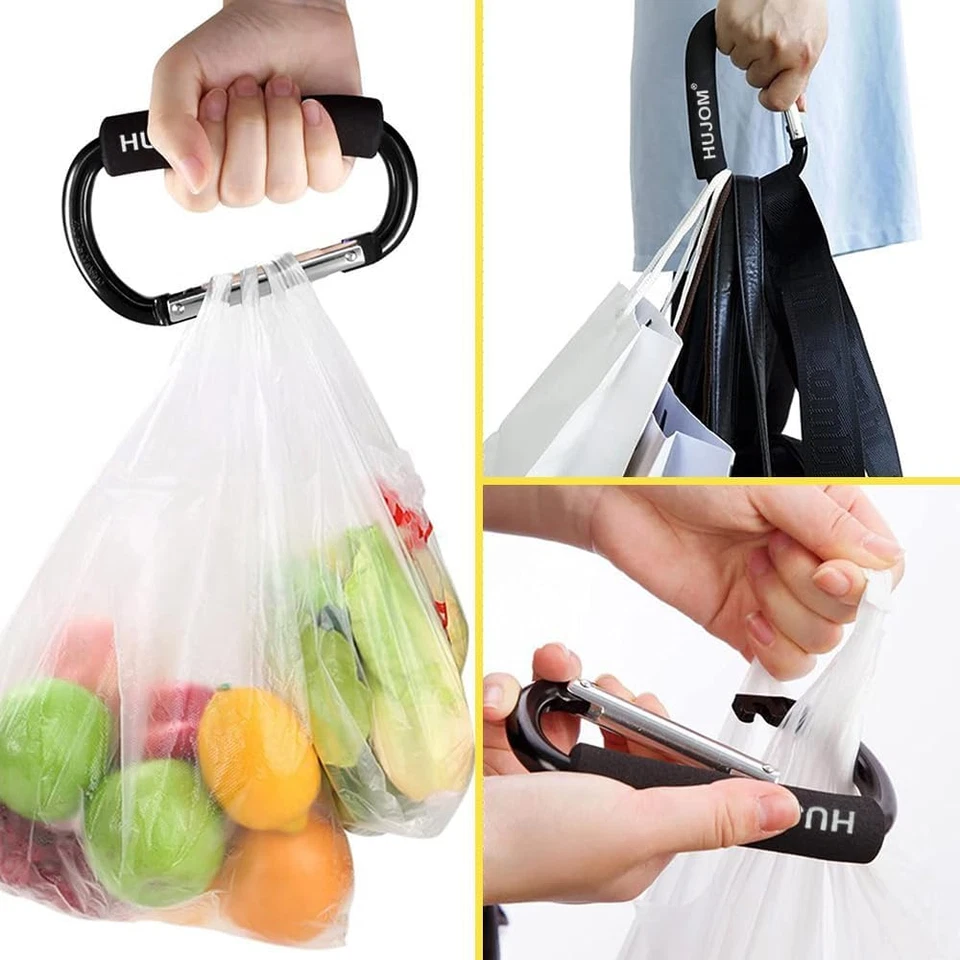 2 piezas ganchos para cochecito grandes mosquetón clips para bolsas de pañales cartera compras comestibles Foto 2 de 4