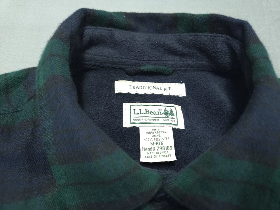 Camisa LL Bean Para Hombres Mediana Franela Verde Cuadros Tradicional Vellón Reloj Negro Foto 3 de 4