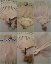 Vintage Oriental Hand Painted Feather Fan Bone Antique